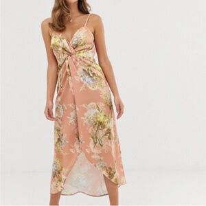 Hope & Ivy Pink Floral Print Tulip Hem Midi Dress, Size 10 US / Size 14 UK